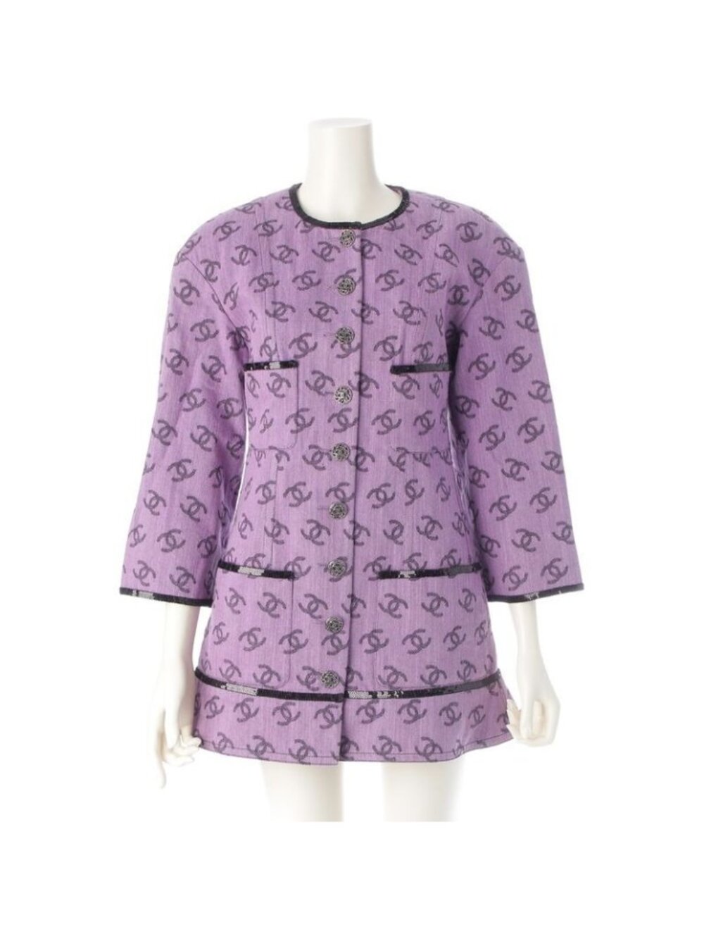 Chanel 22 S Coco Mark Full Logo Sequin No Color Long Jacket Dress Purple